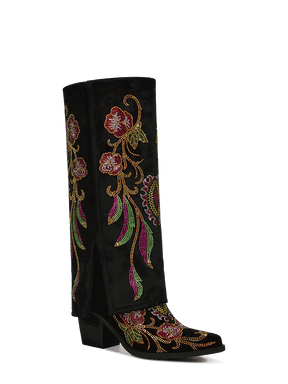Colorful-rhinestone-flowers-fold-over-black-boots