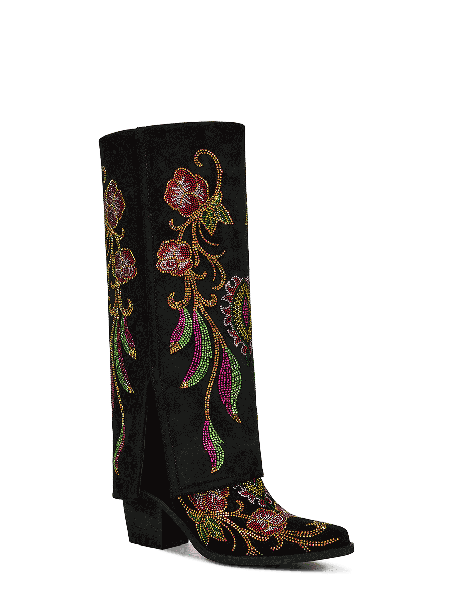 Colorful-rhinestone-flowers-fold-over-black-boots