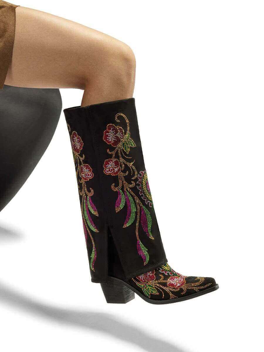 Colorful-rhinestone-flowers-fold-over-black-faux-suede-boots