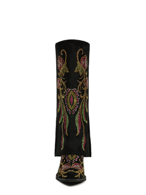 Colorful-rhinestone-flowers-fold-over-knee-high-black-boots