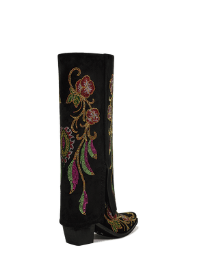 Colorful-rhinestone-flowers-fold-over-mid-heel-black-boots