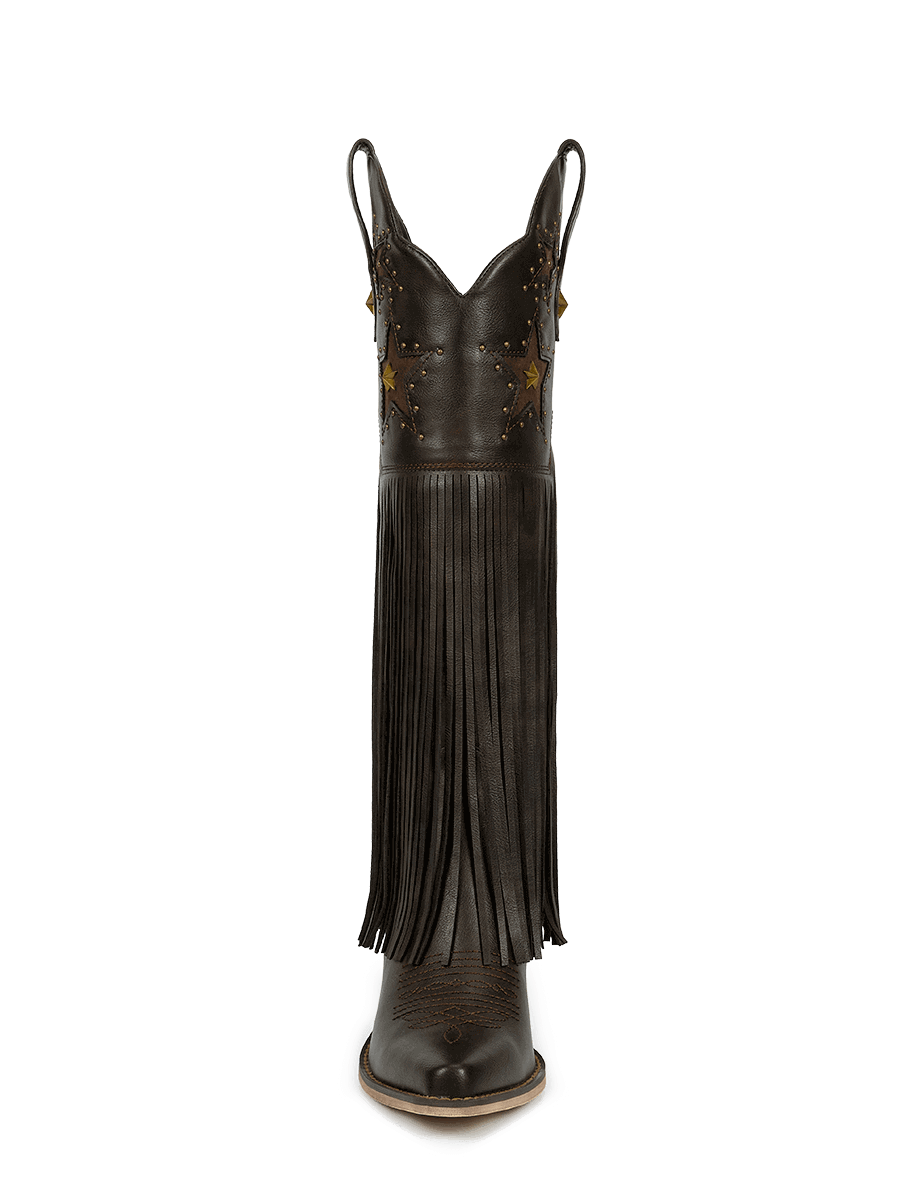 Dark-brown-star-studs-fringes-knee-high-western-boots