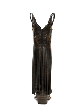 Dark-brown-star-studs-fringes-mid-heel-western-boots