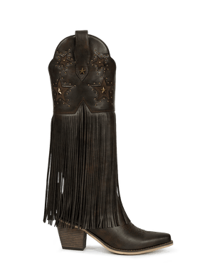 Dark-brown-star-studs-fringes-side-zipper-western-boots