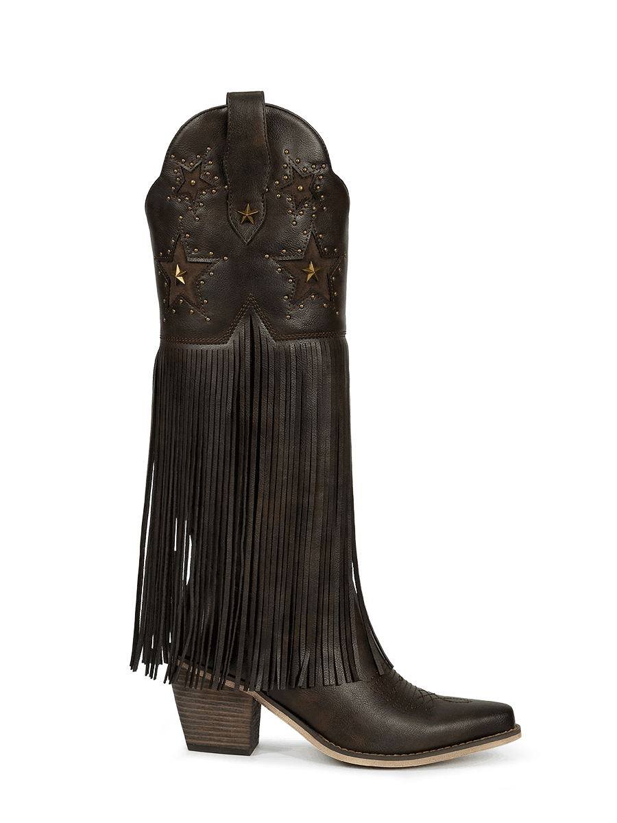 Dark-brown-star-studs-fringes-side-zipper-western-boots