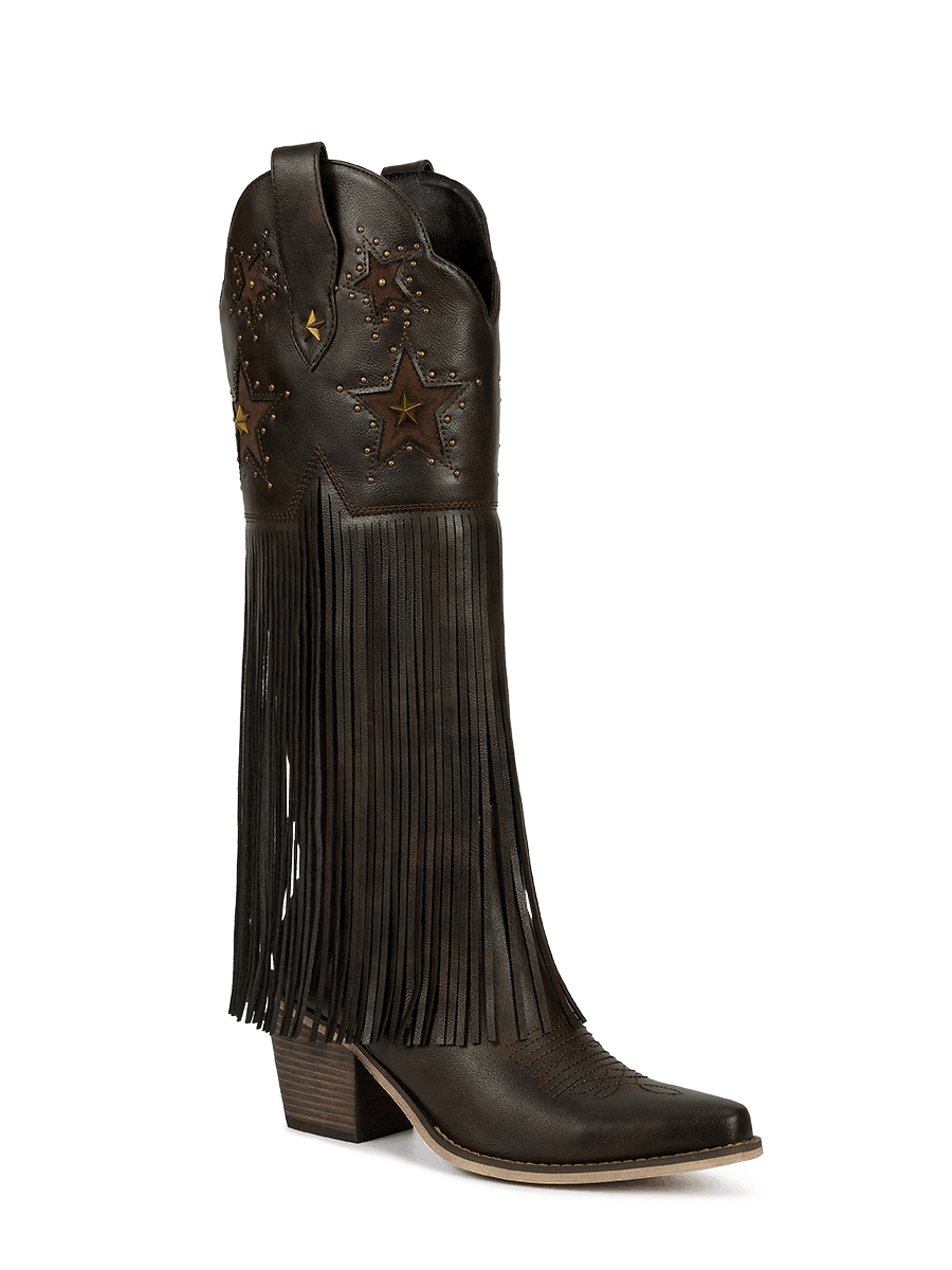 Dark-brown-star-studs-fringes-western-boots