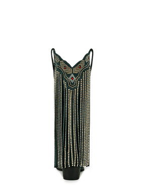 Dark-green-rhinestone-tassel-mid-heel-western-boots