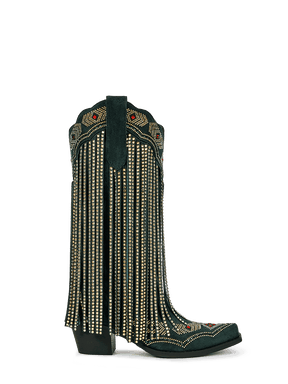 Dark-green-rhinestone-tassel-pull-on-western-boots
