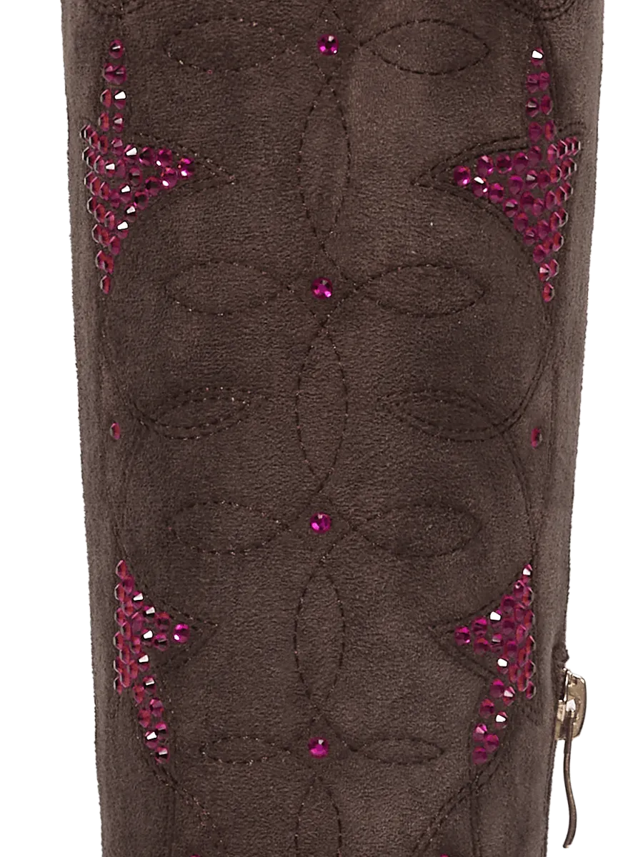 Fluorescent-rhinestones-dark-brown-cowgirl-faux-suede-boots