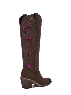 Fluorescent-rhinestones-dark-brown-cowgirl-mid-heel-boots