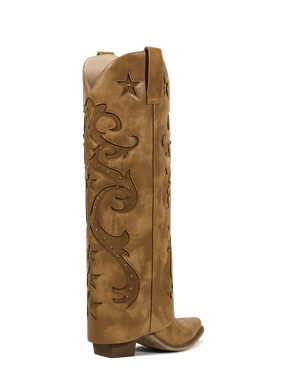 Fold-over-star-retro-carving-mid-heel-western-boots