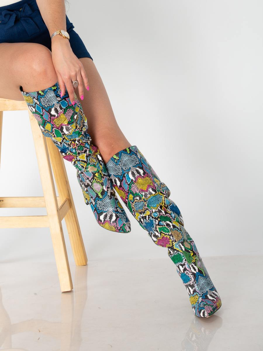 Colorful Pleated Snakeskin Knee High Boots