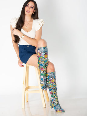 Colorful Pleated Snakeskin Knee High Boots