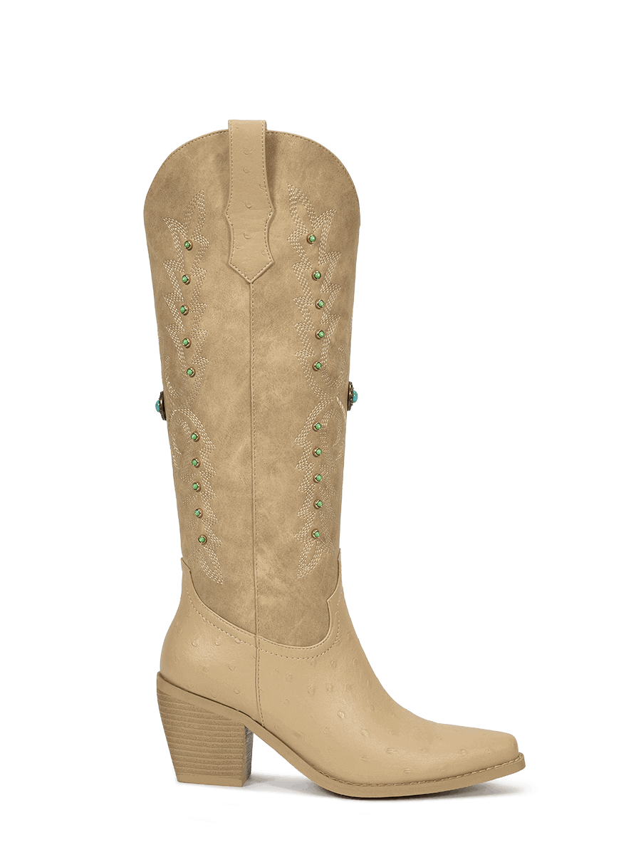 Gemstone-apricot-embroidered-ostrich-leather-side-zipper-boots