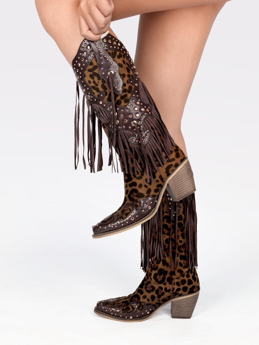 Leopard Fringe Studded Cowgirl Boots