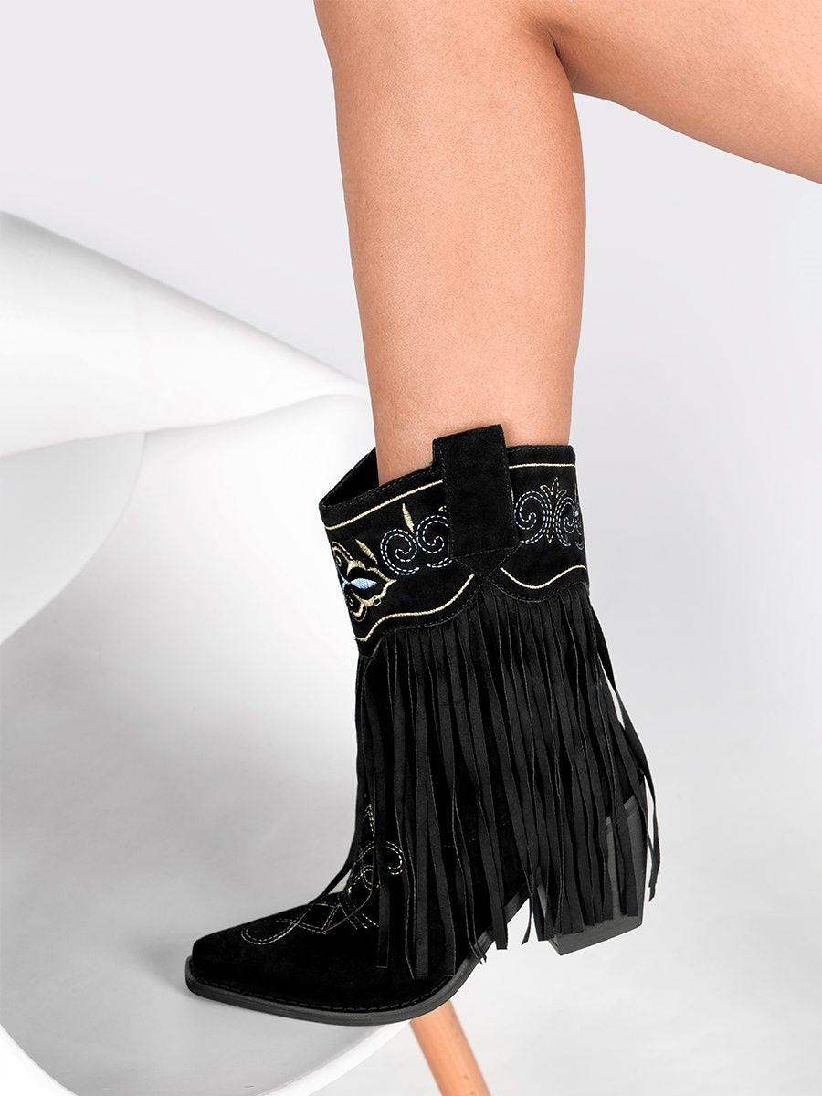 Fringe Embroidery Faux Suede Cowgirl Boots