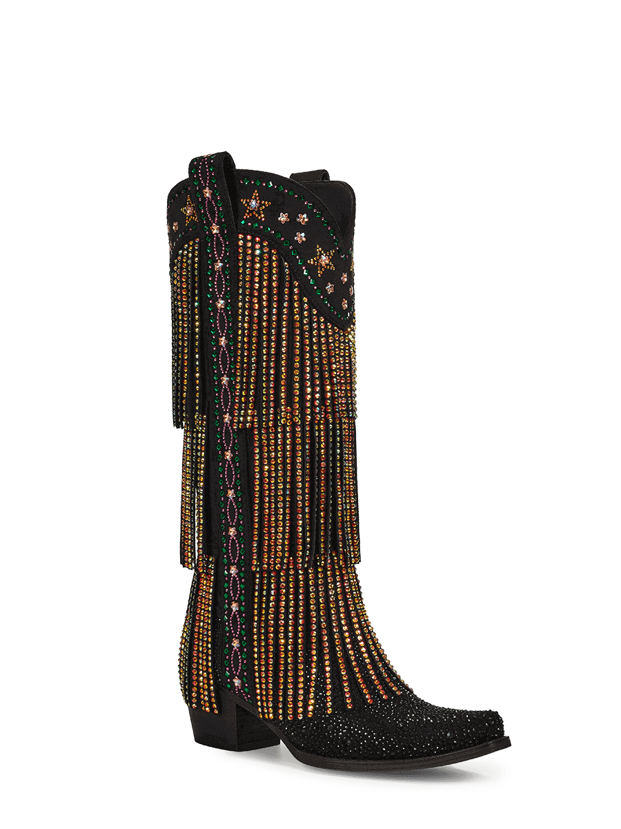 Matte-black-fringe-rhinestones-cowgirl-boots