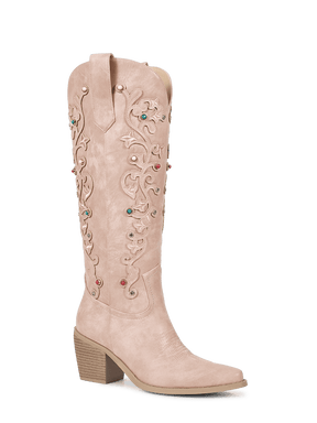 Muted-pink-floral-inlay-gemstone-cowgirl-boots