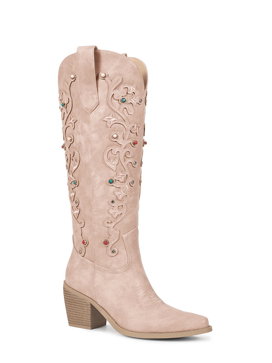 Muted-pink-floral-inlay-gemstone-cowgirl-boots