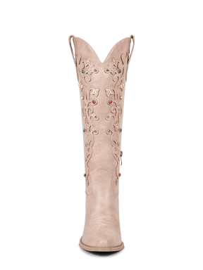 Muted-pink-floral-inlay-gemstone-knee-high-cowgirl-boots