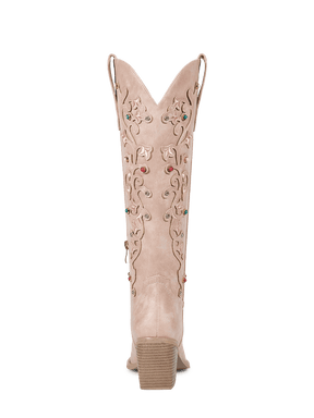 Muted-pink-floral-inlay-gemstone-mid-heel-cowgirl-boots