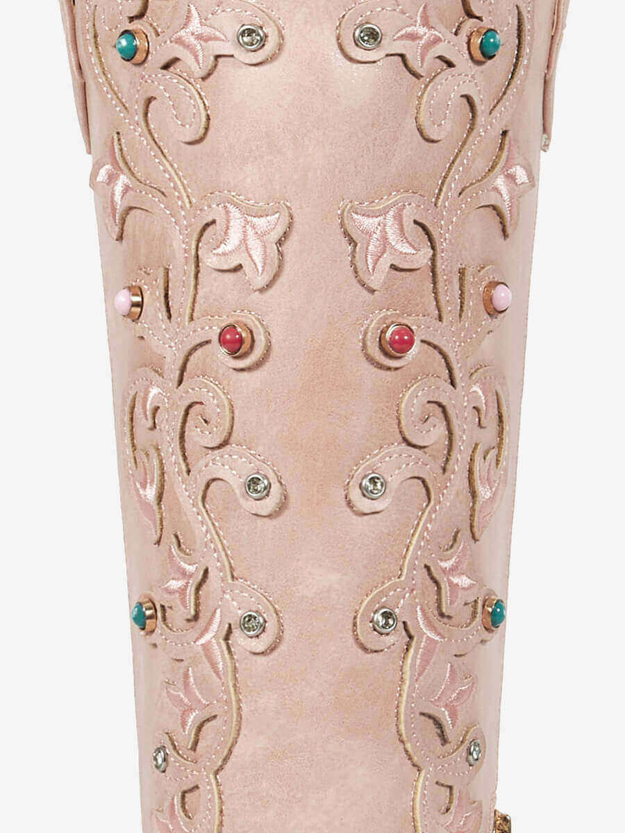 Muted-pink-floral-inlay-gemstone-pu-cowgirl-boots