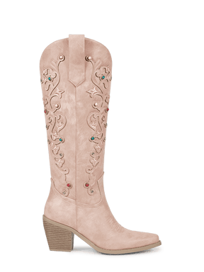 Muted-pink-floral-inlay-gemstone-side-zipper-cowgirl-boots