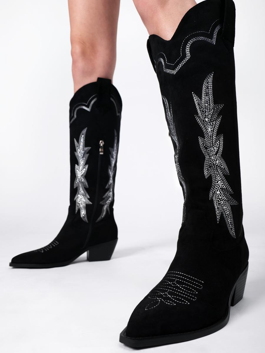 Rhinestone Embroidered Faux Suede Western Boots