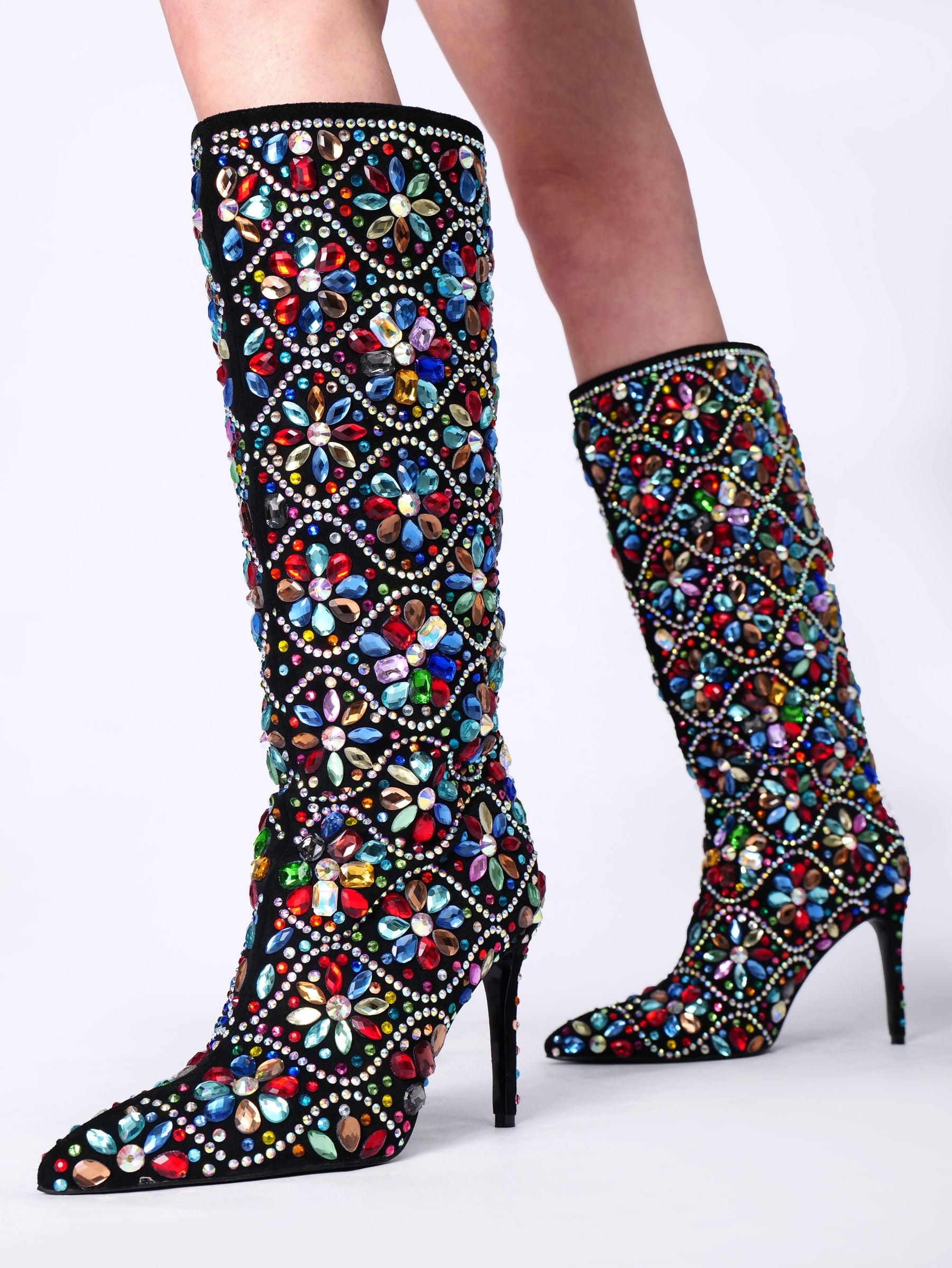 Colorful Rhinestone Knee High Boots