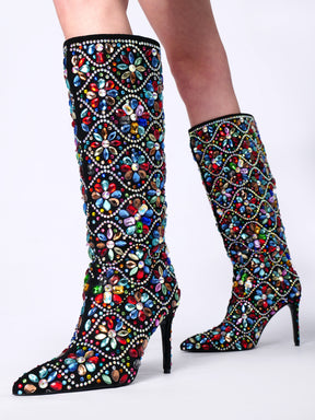 Colorful Rhinestone Knee High Boots