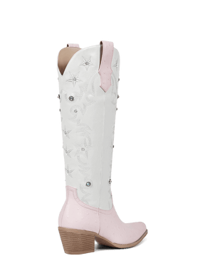 Pink-and-white-patchwork-orstrich-leather-mid-heel-boots