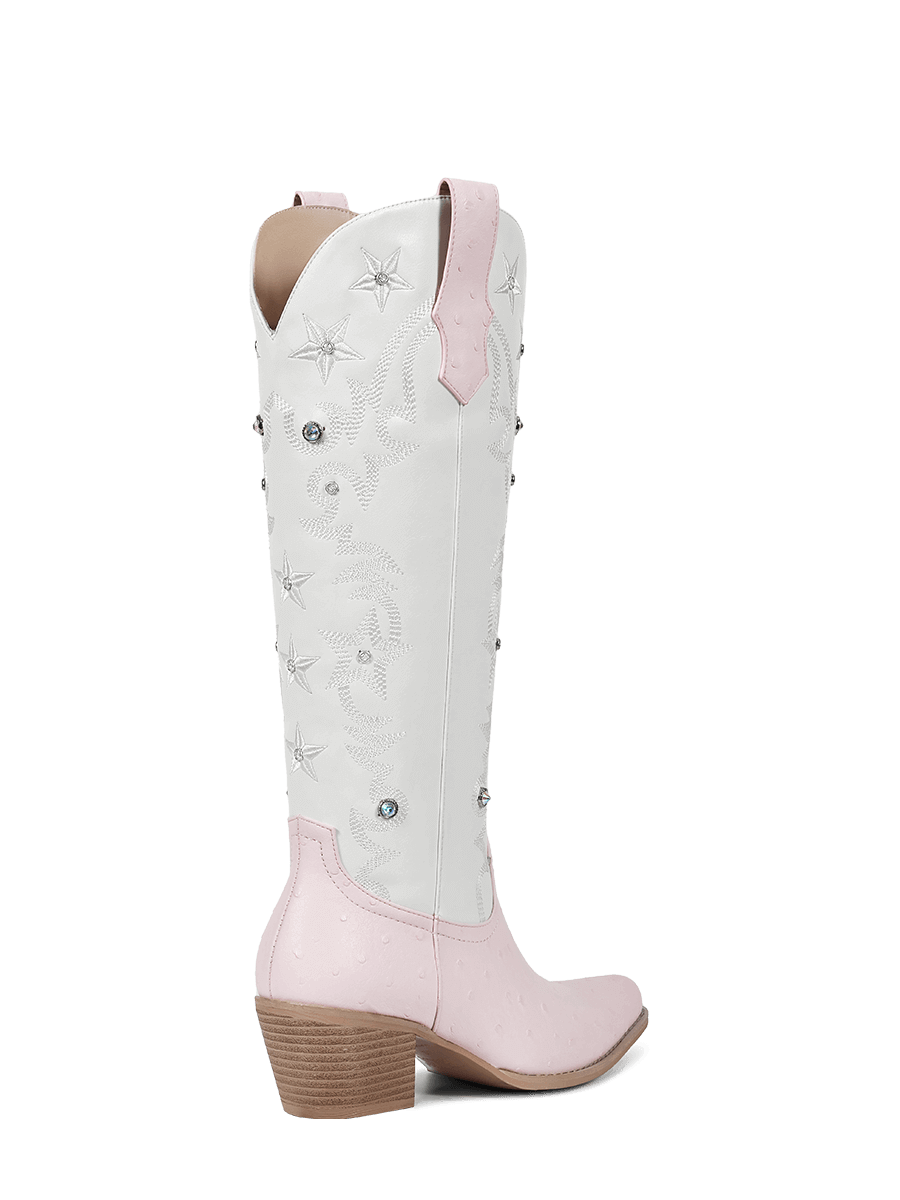 Pink-and-white-patchwork-orstrich-leather-mid-heel-boots