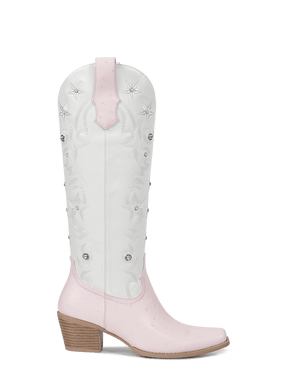 Pink-and-white-patchwork-orstrich-leather-side-zipper-boots