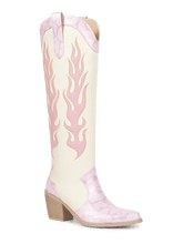 Pink-light-beige-patchwork-snake-print-cowgirl-boots