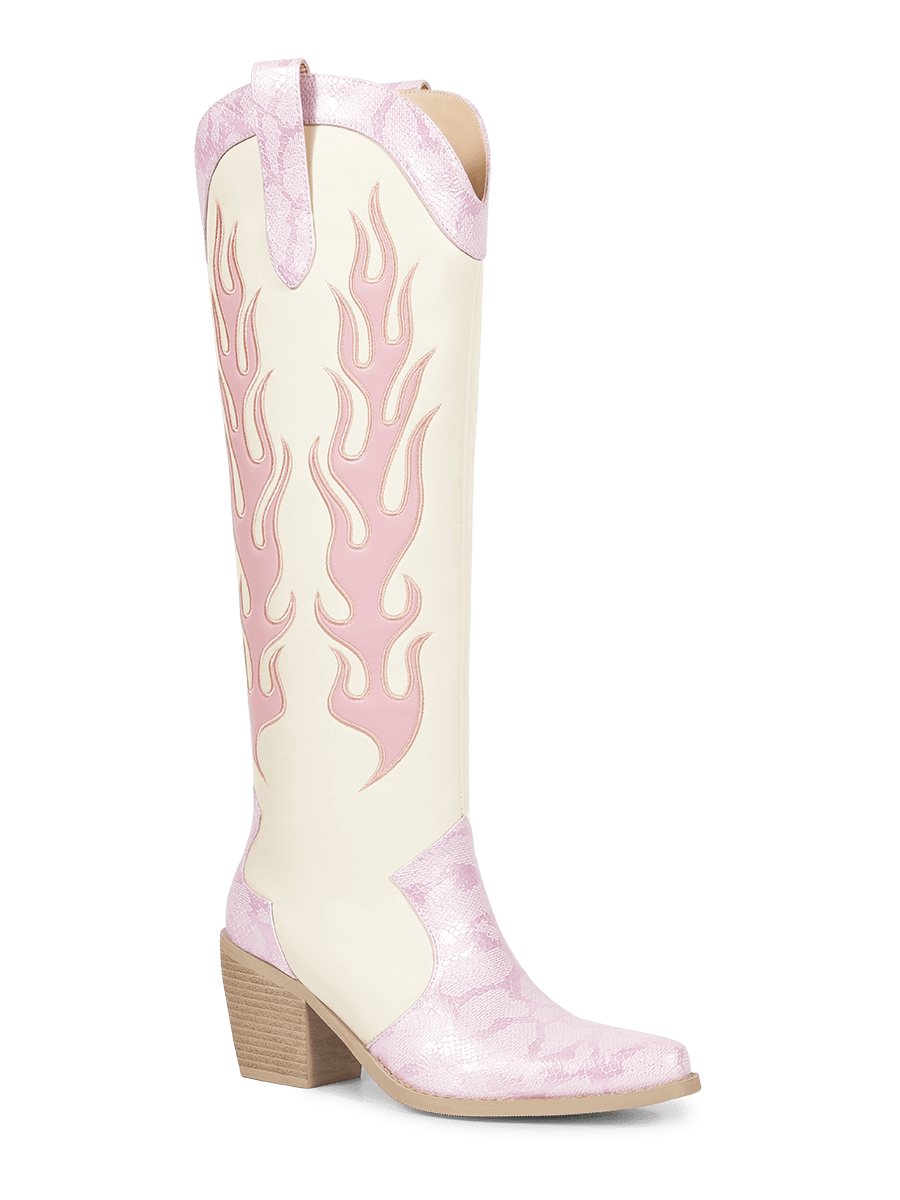 Pink-light-beige-patchwork-snake-print-cowgirl-boots