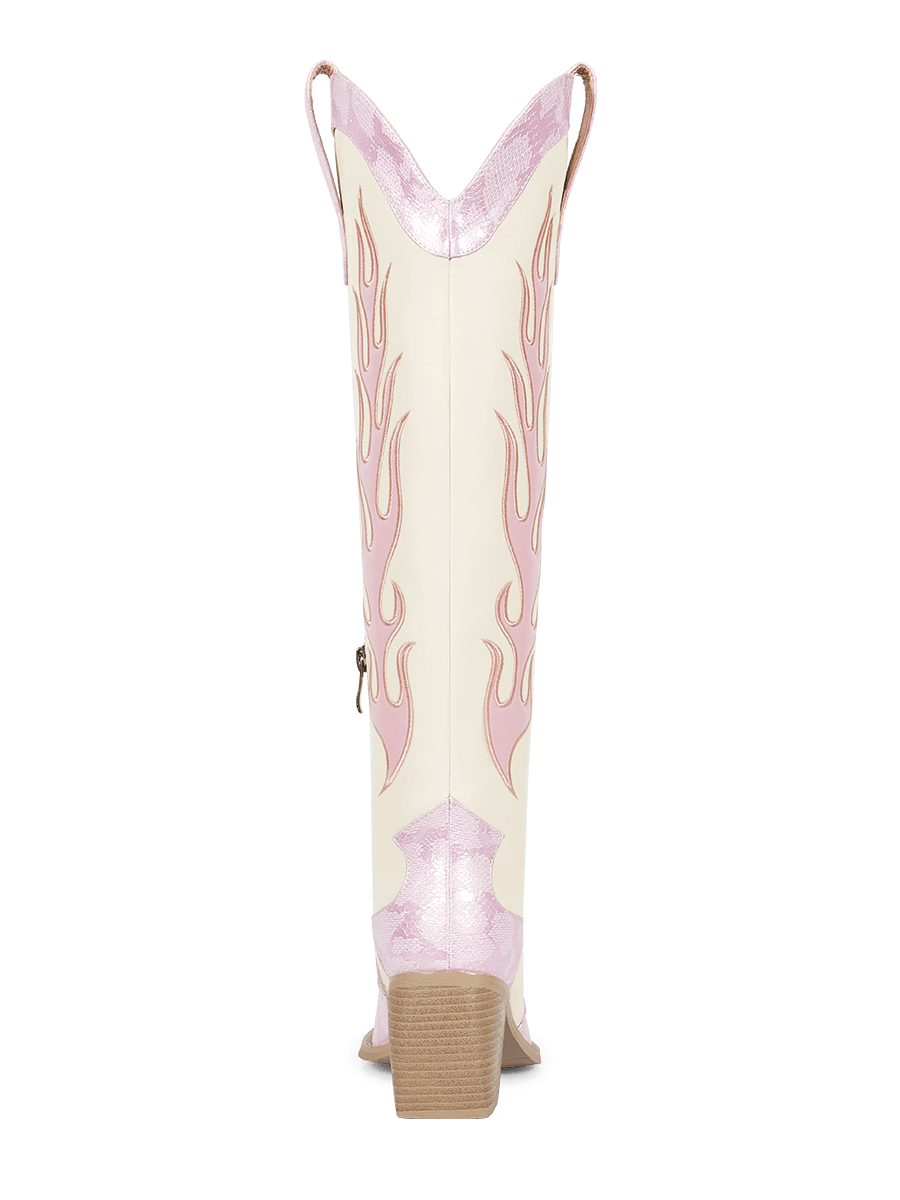 Pink-light-beige-patchwork-snake-print-mid-heel-cowgirl-boots