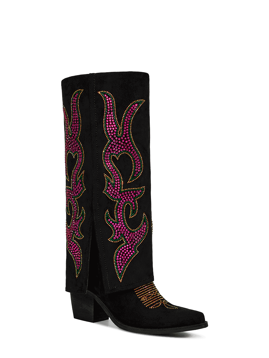Pink-rhinestones-flame-fold-over-black-boots