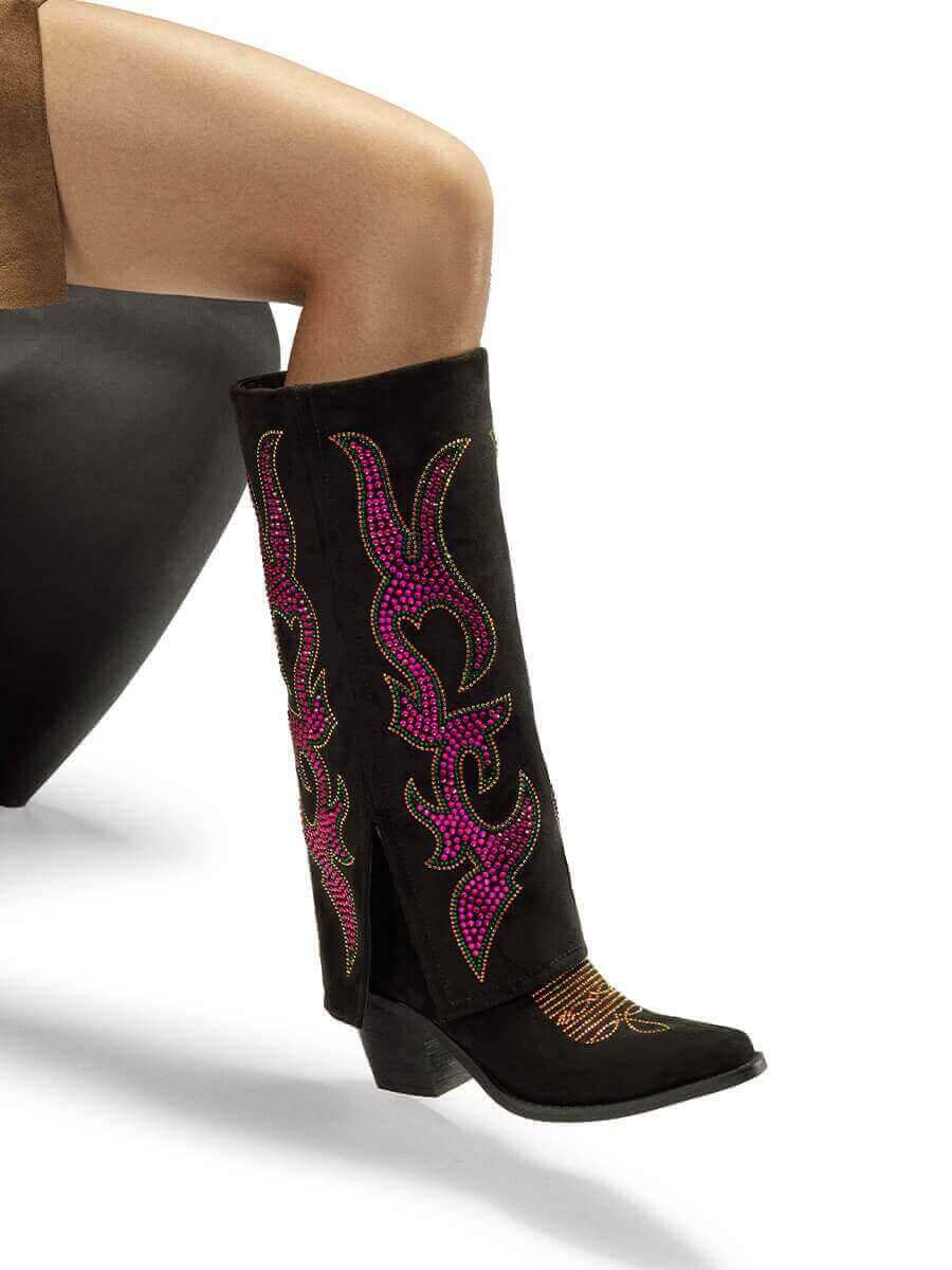 Pink-rhinestones-flame-fold-over-black-faux-suede-boots
