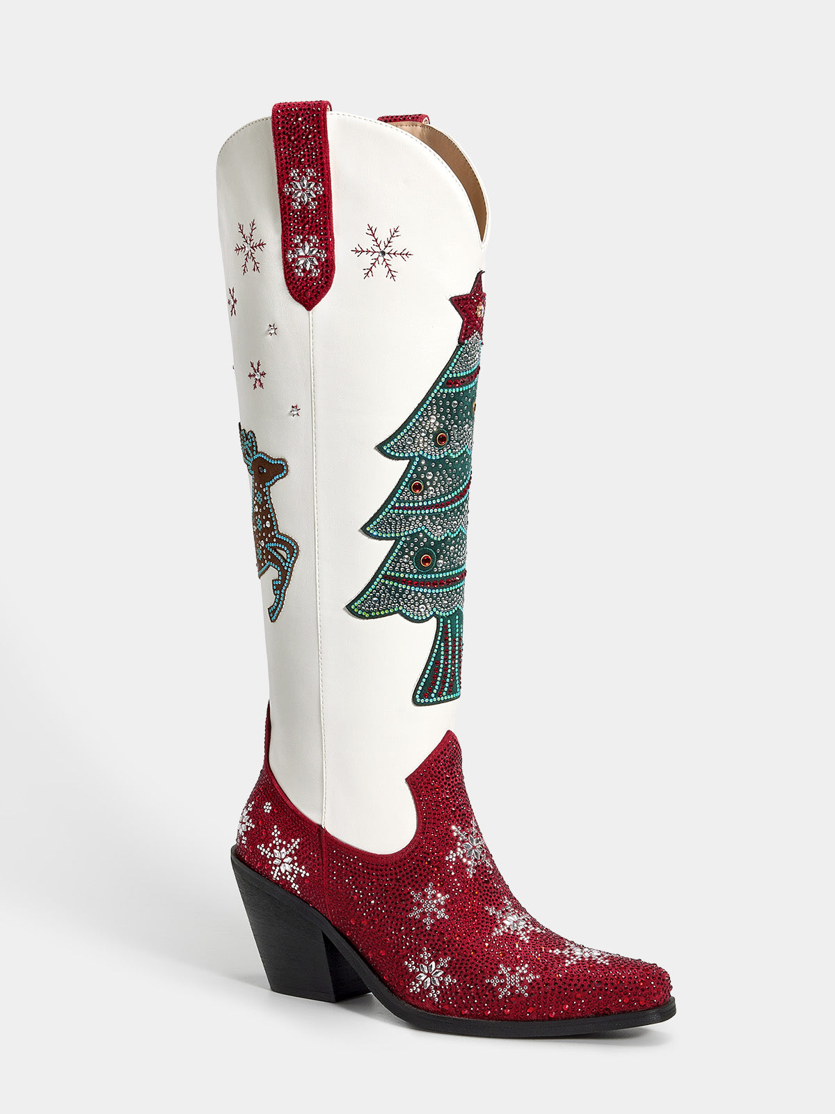Red-and-white-christmas-ttree-elk-snowflake-rhinestone-cowgirl-boots