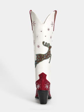 Red-and-white-christmas-ttree-elk-snowflake-rhinestone-high-heel-cowgirl-boots