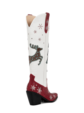 Red-and-white-christmas-ttree-elk-snowflake-rhinestone-high-heel-cowgirl-boots