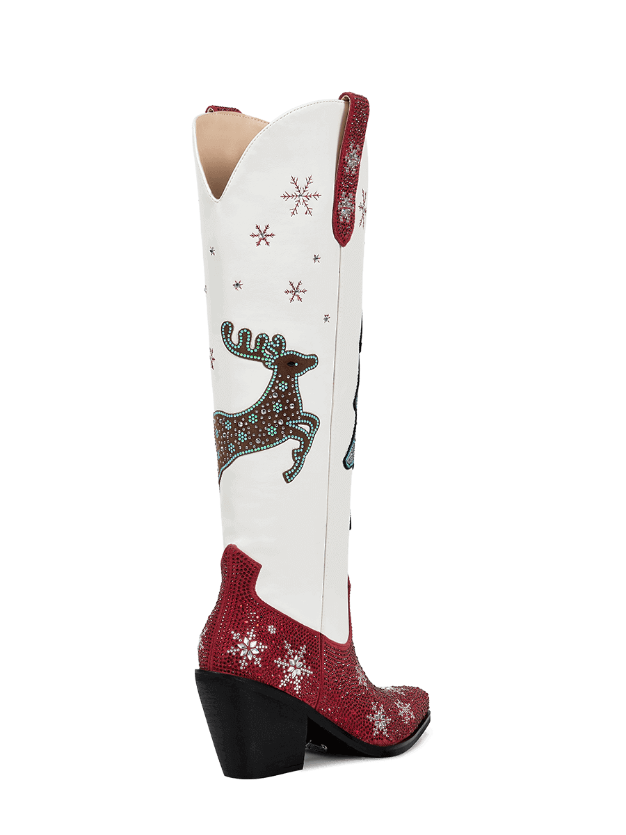 Red-and-white-christmas-ttree-elk-snowflake-rhinestone-high-heel-cowgirl-boots