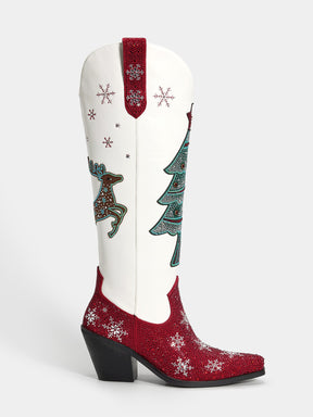 Red-and-white-christmas-ttree-elk-snowflake-rhinestone-pull-on-cowgirl-boots