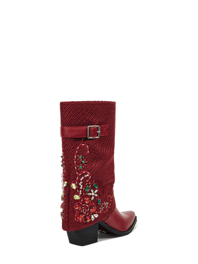 Red-knitted-gem-fold-over-mid-heel-cowgirl-boots