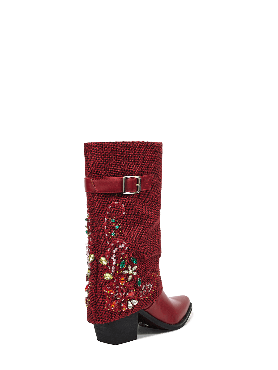 Red-knitted-gem-fold-over-mid-heel-cowgirl-boots
