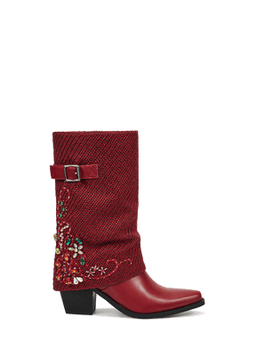 Red-knitted-gem-fold-over-side-zipper-cowgirl-boots