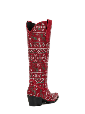 Red-rhinestone-christmas-elements-mid-heel-western-boots