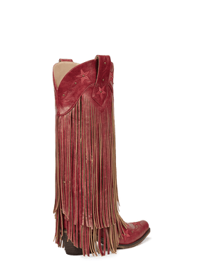 Red-studs-embroidered-star-fringe-mid-heel-cowgirl-boots