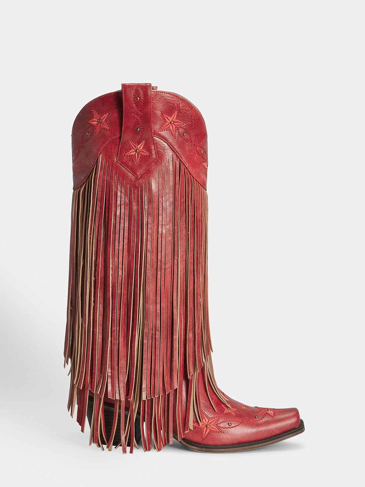 Red-studs-embroidered-star-fringe-side-zipper-cowgirl-boots
