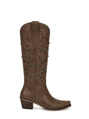 Retro-embroidered-colorful-gemstone-brown-western-side-zipper-boots